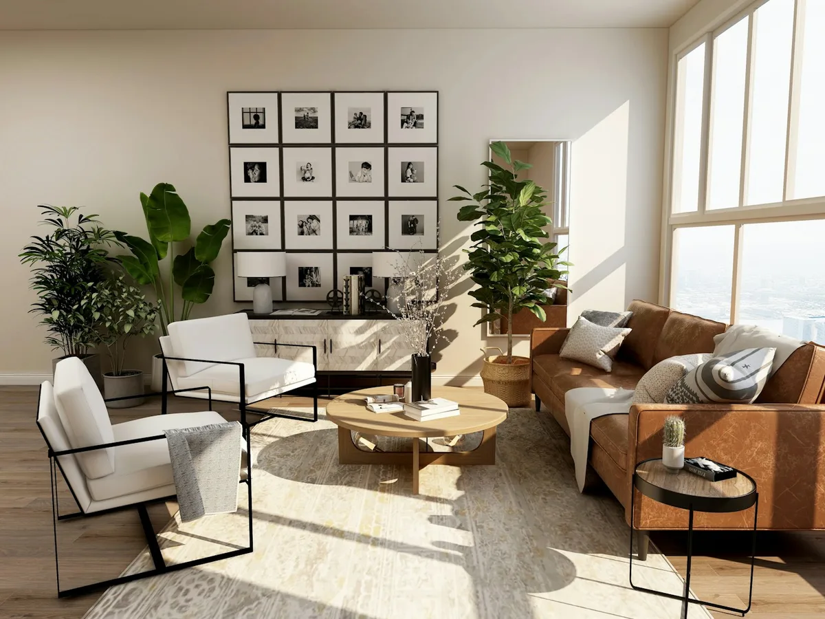 Light-filled living room with a sofa and plants